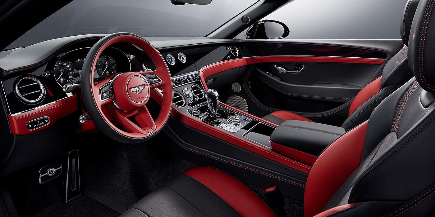 Bentley Braga Bentley Continental GTC S convertible front interior in Beluga black and Hotspur red hide with high gloss carbon fibre veneer