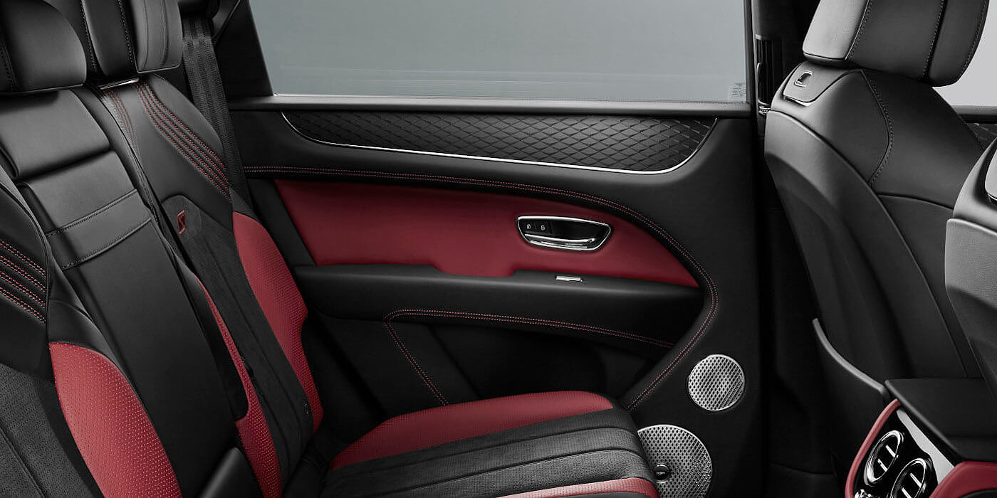 Bentley Braga Bentley Bentayga S SUV rear interior in Beluga black and Hotspur red hide