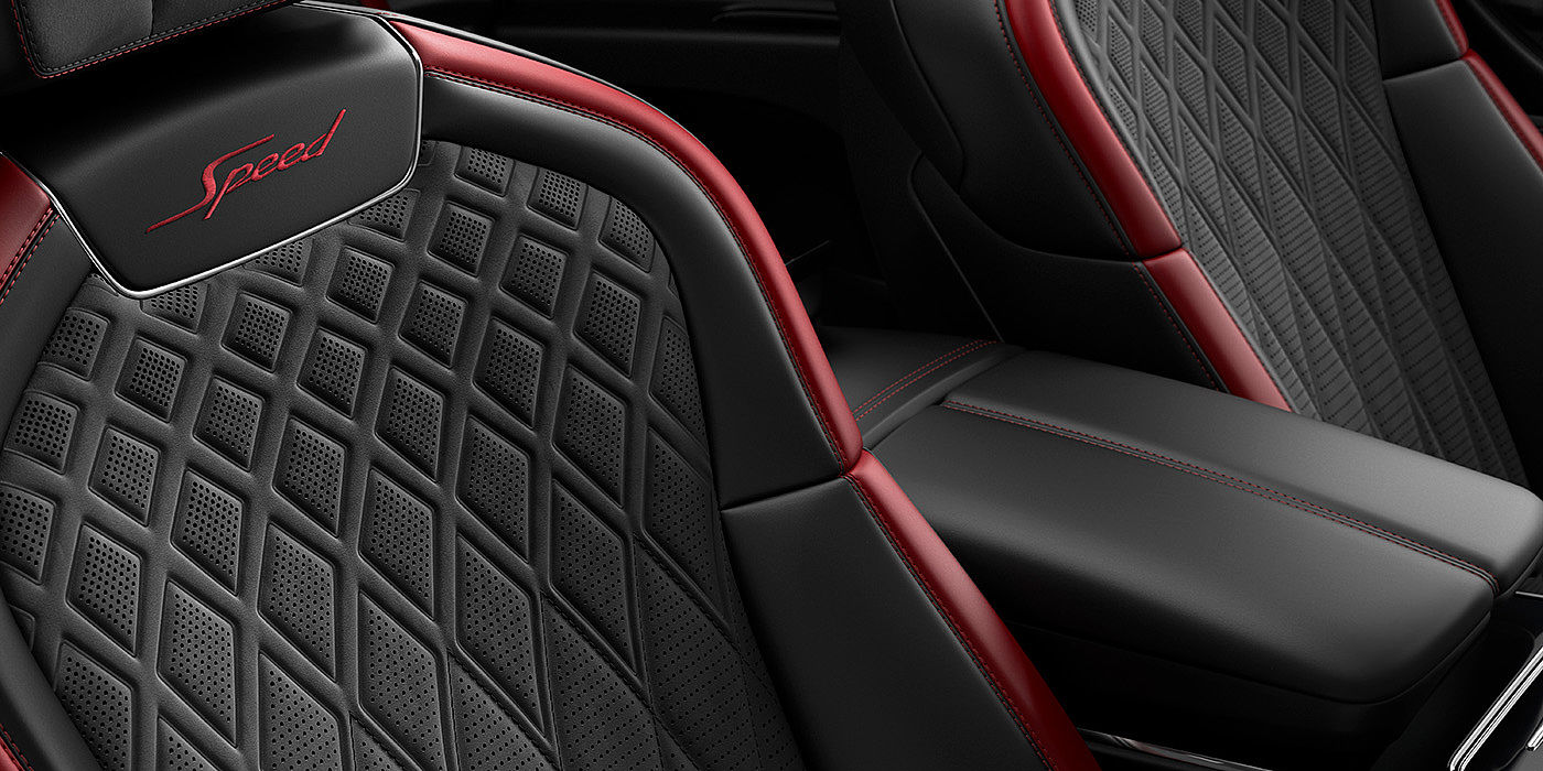 Bentley Braga Bentley Flying Spur Speed sedan seat stitching detail in Beluga black and Cricket Ball red hide