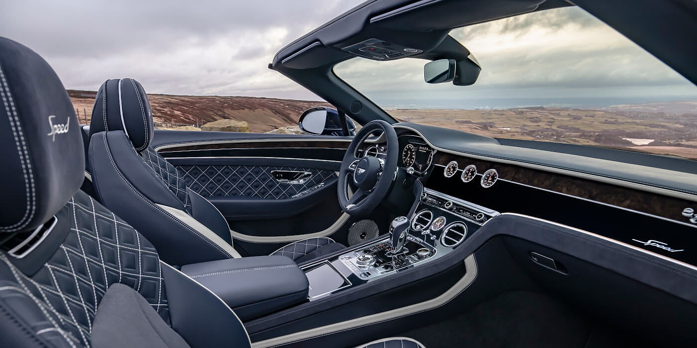 Bentley Braga Bentley Continental GTC Speed convertible front interior in Imperial Blue and Linen hide
