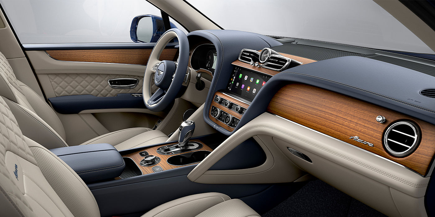 Bentley Braga Bentley Bentayga Azure SUV front interior in Imperial Blue and Linen hide