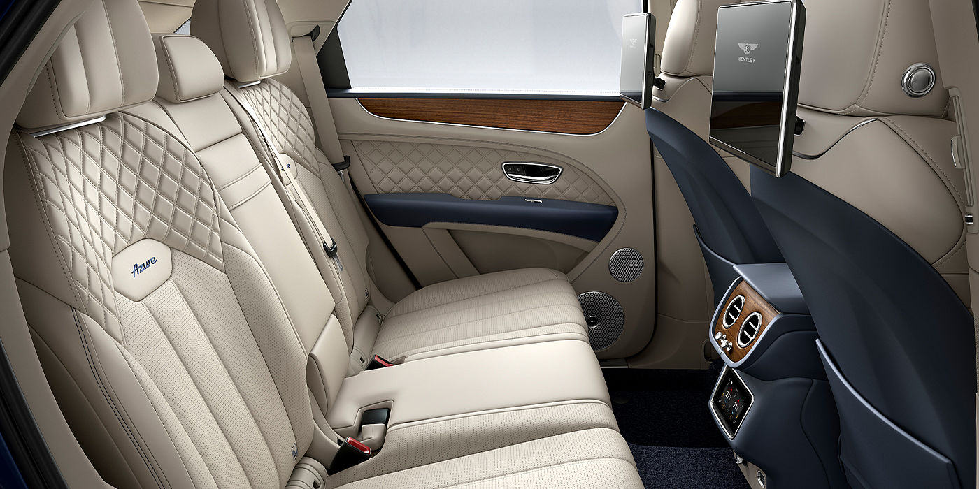 Bentley Braga Bentley Bentayga Azure SUV rear interior in Imperial Blue and Linen hide