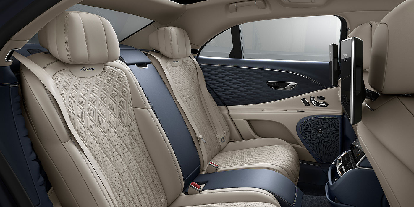Bentley Braga Bentley Flying Spur Azure sedan rear interior in Imperial Blue and Linen hide