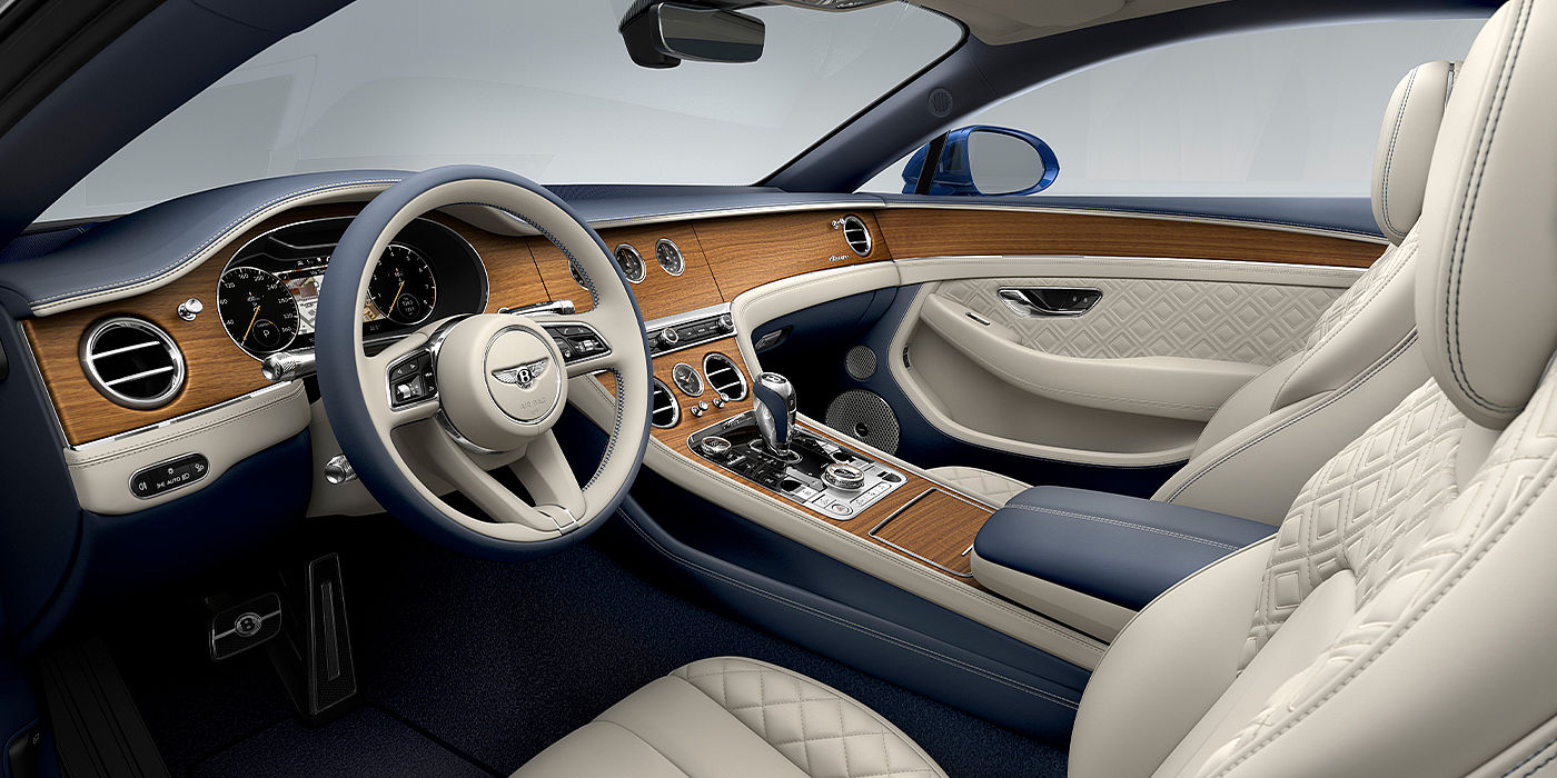 Bentley Braga Bentley Continental GT Azure coupe front interior in Imperial Blue and linen hide