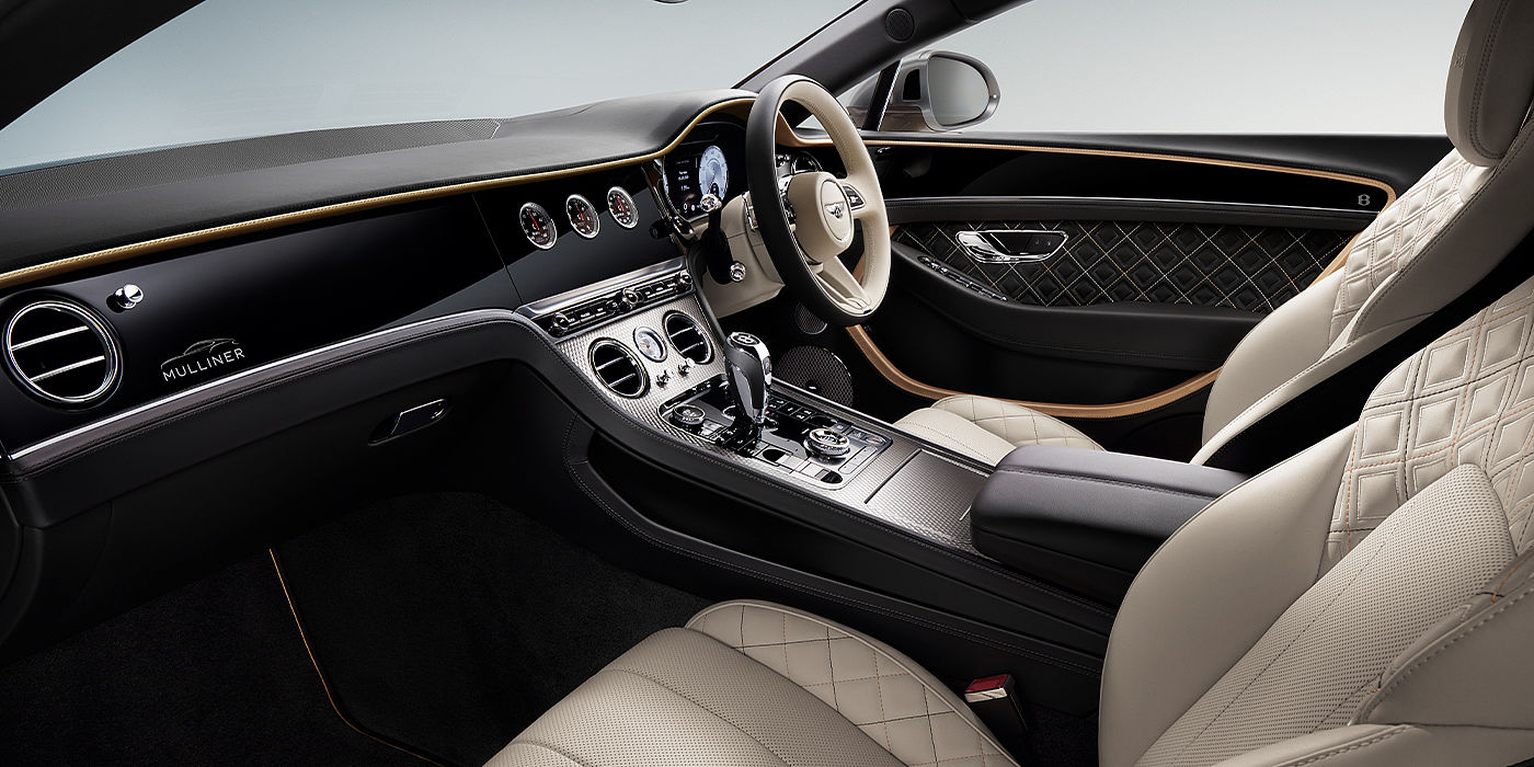 Bentley Braga Bentley Continental GT Mulliner coupe front interior in Beluga black and Linen hide