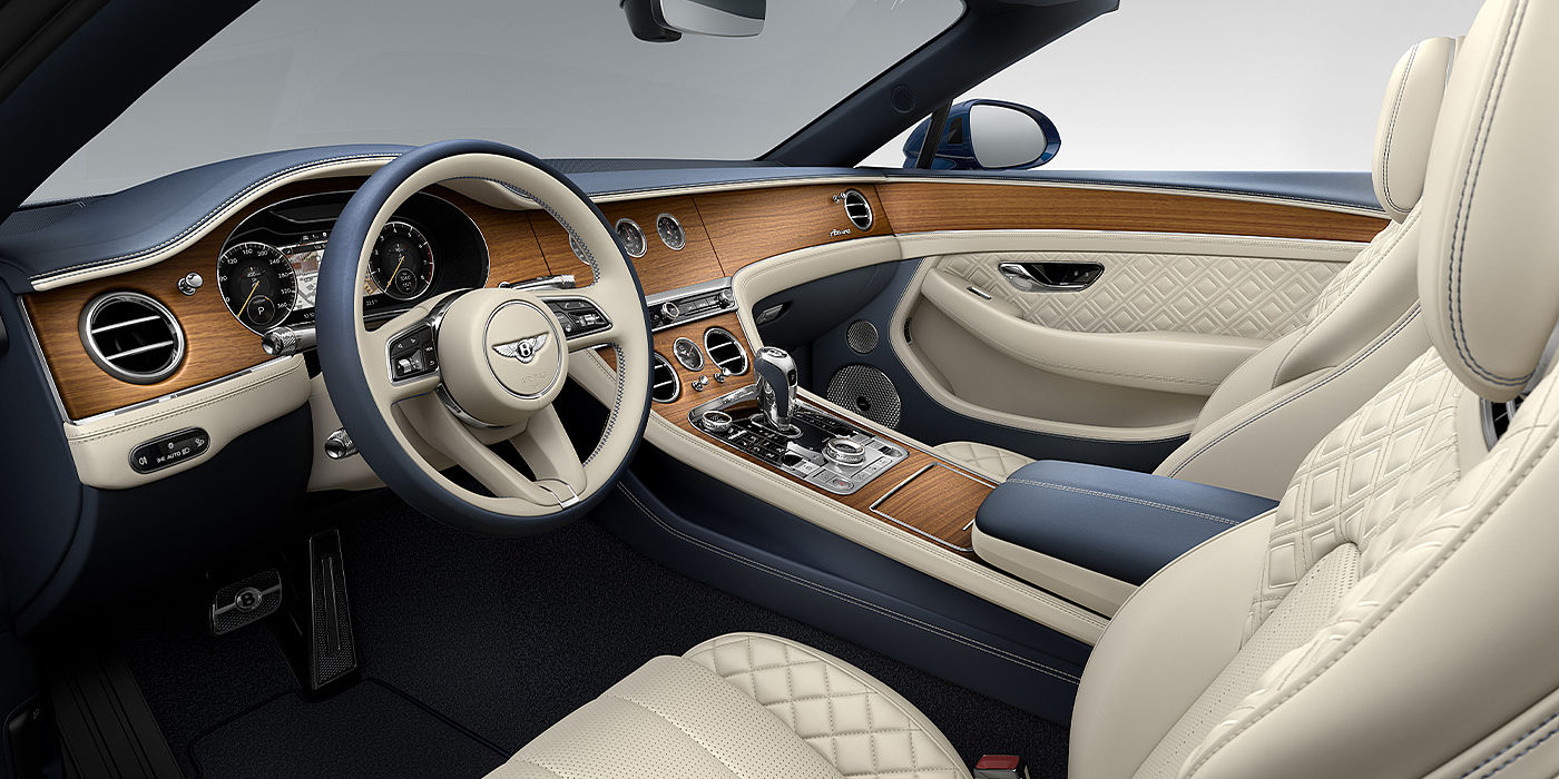 Bentley Braga Bentley Continental GTC Azure convertible front interior in Imperial Blue and Linen hide